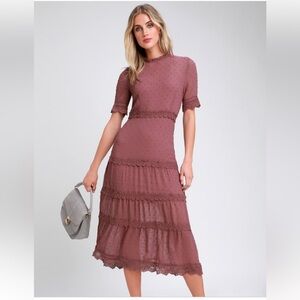 NWT Lulus Dreaming of You Mauve Purple Swiss Dot Midi Dress- Size M